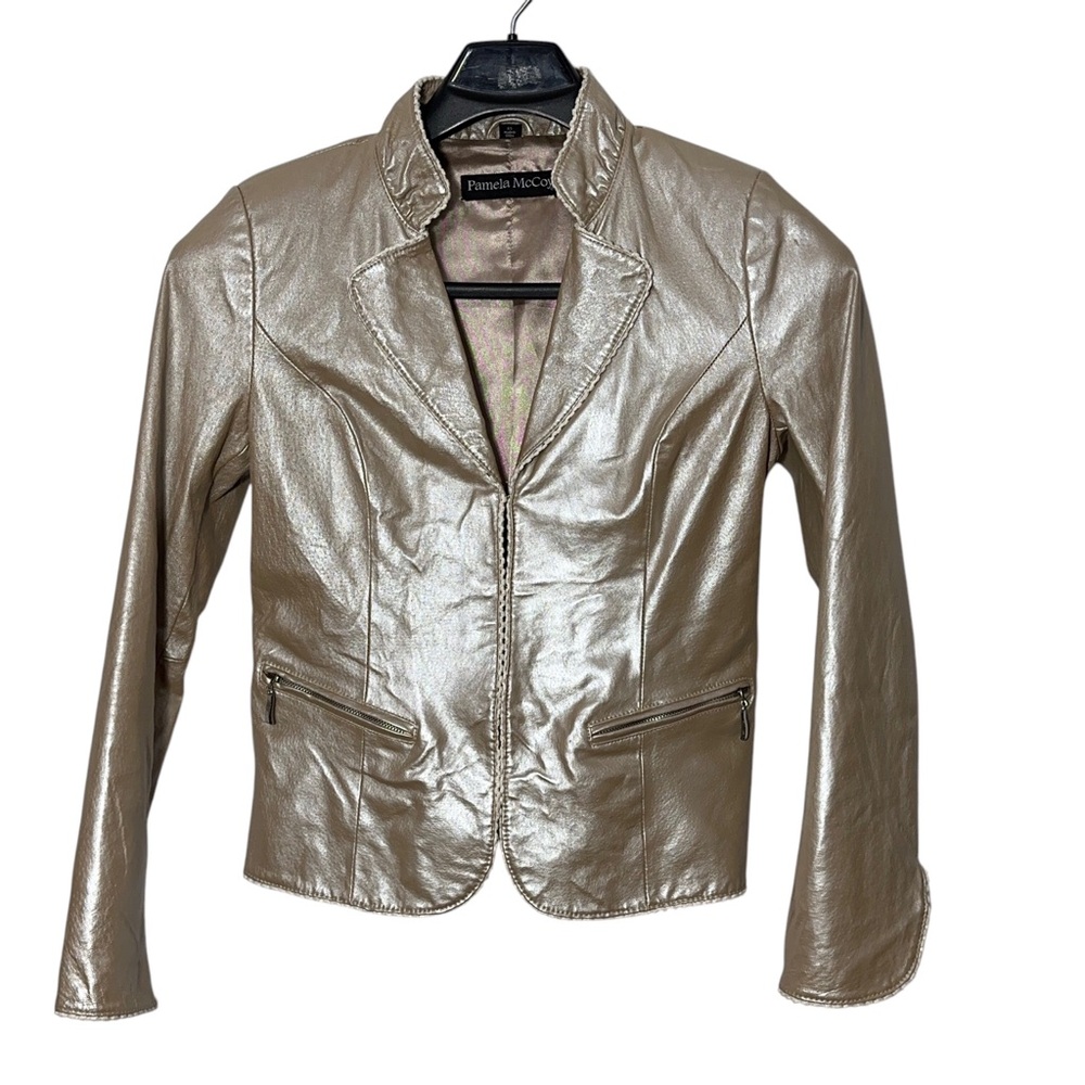Pamela McCoy Pearlized Leather Jacket Womens Size XS Shimmer Spring Casual